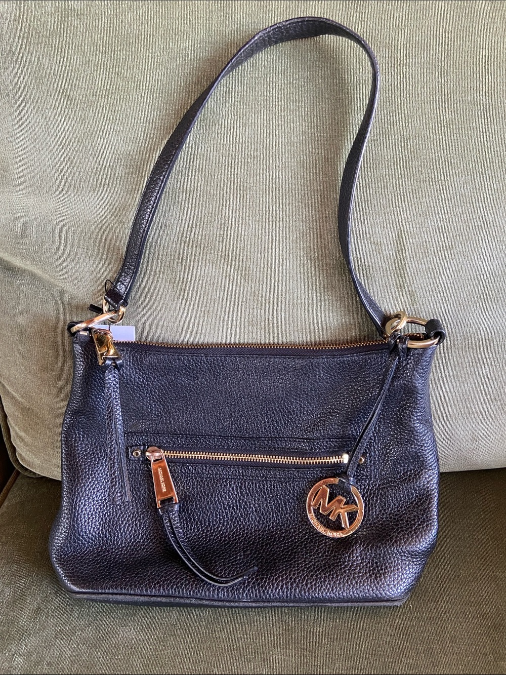 Michael Kors Black Pebbled Leather Shoulder Bag with Gold Hardware